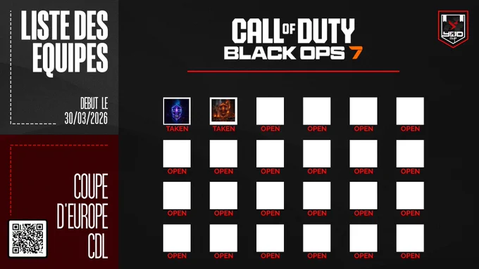 🏆 YoD Cup #2 | Coupe d'Europe CDL ~ #BlackOps7 | Powered by @YoDeSports, @CodeExperience & @Sked_GG

🌍 Les inscriptions sont désormais ouvertes ! 
🗓 Début : 30 Mars 2026 - Fin : 31 Mars 2026 • 
~

🗒 Page du tournoi  : 👉 https://bit.ly/YoDCupBO7-2
🌐 Discord : 👉 https://discord.gg/GbysdmuWeF

#YoDFamily ⚡