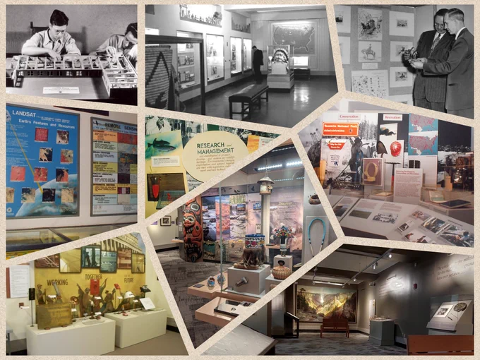 Collage of 9 historical images showing the Interior Museum through the decades from the 1930s to the present. 