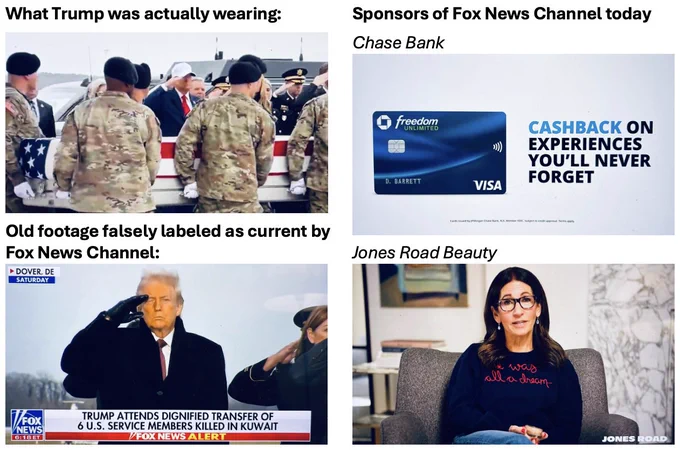 What Trump was actually wearing:
[Recent image of Donald Trump wearing a white and gold oversize baseball cap while saluting our fallen soldiers]
Old footage falsely labeled as current by Fox News Channel:
[Old image of Donald Trump from 2025 saluting and dressed in black]
Sponsors of Fox News Channel today
Chase Bank
 [Screenshot of Chase Bank Freedom Unlimited ad]
Jones Road Beauty 
[Screenshot of Jones Road Beauty add showing founder Bobbi Brown]