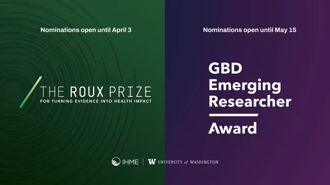 The Roux Prize logo with the subtitle, \u201CFor turning evidence into health impact\u201D accompanied by the IHME logo and the University of Washington logo. Alongside the GBD Emerging Researcher Award logo.