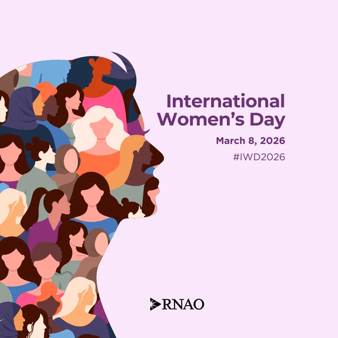 International Women's Day graphics by RNAO commemorating the day. The graphic features the silhouette of a woman's face composed of many smaller images of diverse women.
