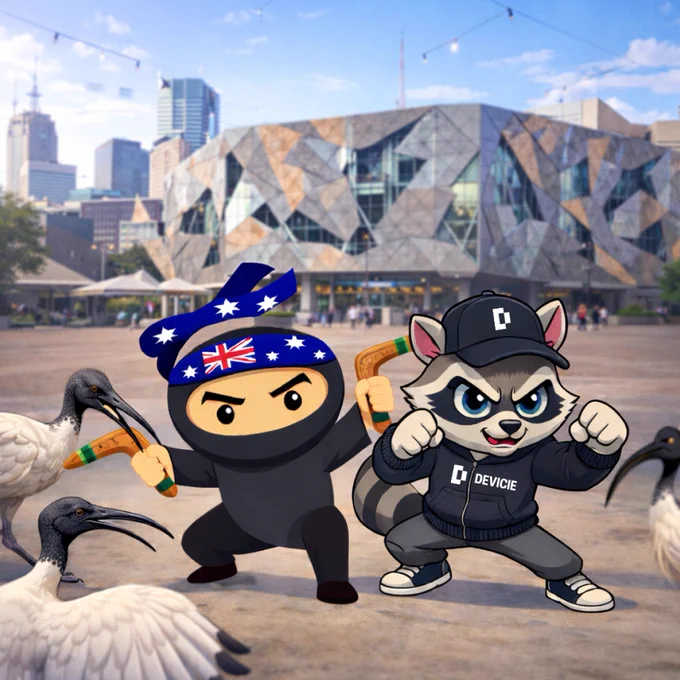 Illustrated image of a ninja wearing an Australia-themed headband and holding boomerangs, standing beside a fierce raccoon in a Devicie hoodie and cap. They are posing in front of Melbourne’s Federation Square, surrounded by ibis birds, creating a playful, energetic scene for Workplace Ninja Australia Melbourne.
