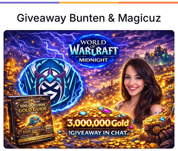 🎉 GIVEAWAY 🎉

3,000,000 Gold In WOW Midnight 
1x 10,000,000 Gold Guide 
1x 100,000,000 Gold Guide  

NA & EU / Everyone Can Enter: 👇