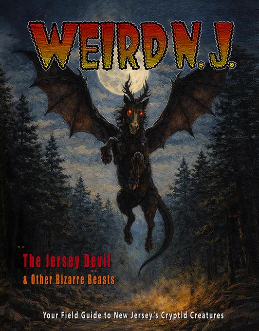 Cover of our Bizarre Beasts special issue, featuring the Jersey Devil hovering over a Pine Barrens with a full moon behind it. The Weird NJ name is prominent in the top of the image, and below it is the text: The Jersey Devil & Other Bizarre Beasts: Your Field Guide to New Jersey's Cryptid Creatures.