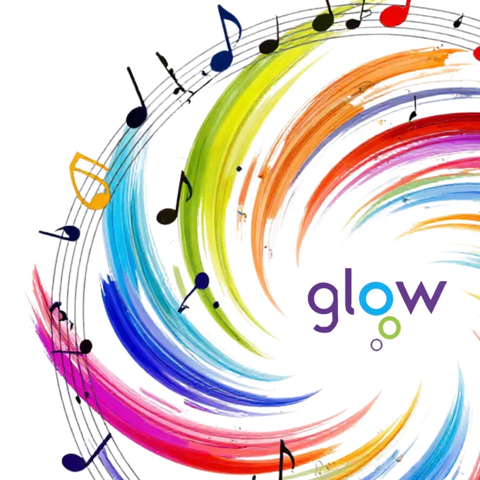 Colorful swirling brush strokes form a spiral around musical notes with the Glow logo at the centre.