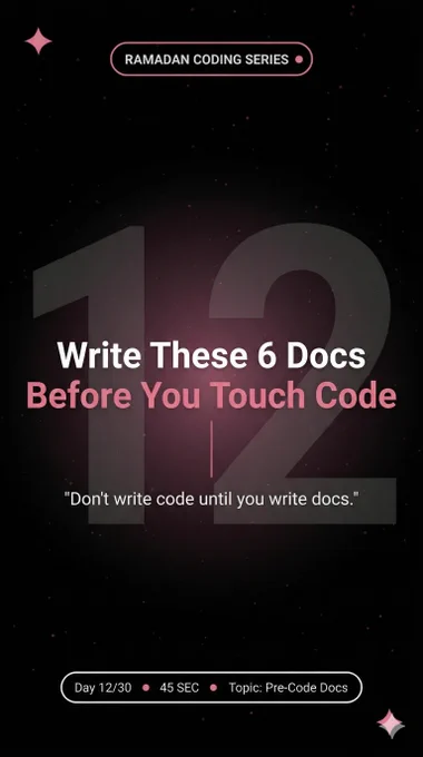 Most vibe coders fail before writing a single line of code.
Not the tools. Zero planning.
6 docs that fix everything 👇
📄 PRD — scope your idea
🗺️ App Flow — map every screen
⚙️ Tech Stack — exact versions only
🎨 Design Guidelines — hex codes, spacing
🗄️ Backend Schema — full database plan
📋 Implementation Plan — AI build order
More context in → better code out.
Day 12 of my 30-day Ramadan series 🌙
Reply DOCS — I'll send all 6 templates free
RT if this helped someone ♻️
#ayeshappdev #VibeCoding2026 #BuildWithAI #AIProductivity #LearnToCode2026