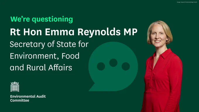 We're questioning Rt Hon Emma Reynolds MP, Secretary of State for Environment, Food and Rural Affairs.
Environmental Audit Committee.
Photo on the right shows Rt Hon Emma Reynolds MP, Secretary of State for Environment, Food and Rural Affairs. She has short blonde bobbed hair and is wearing a red shirt dress.