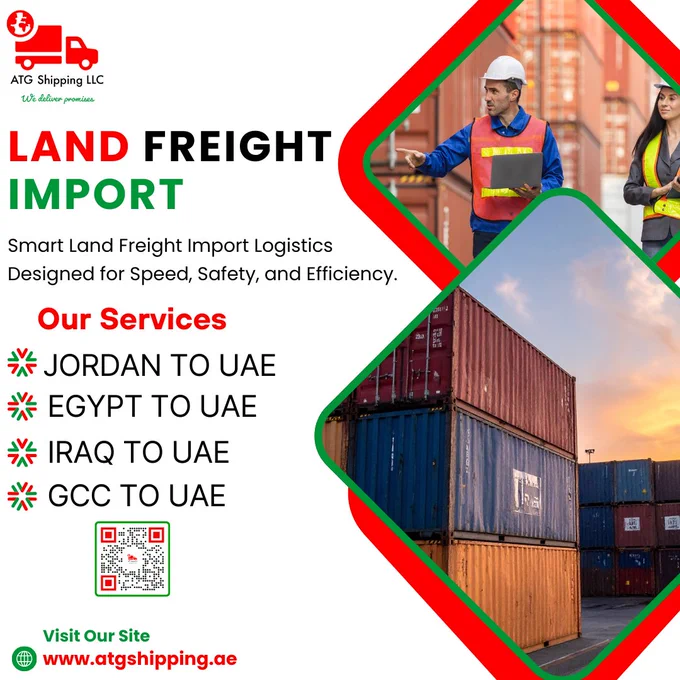 Logistics advertisement for ATG Shipping LLC land freight import services.