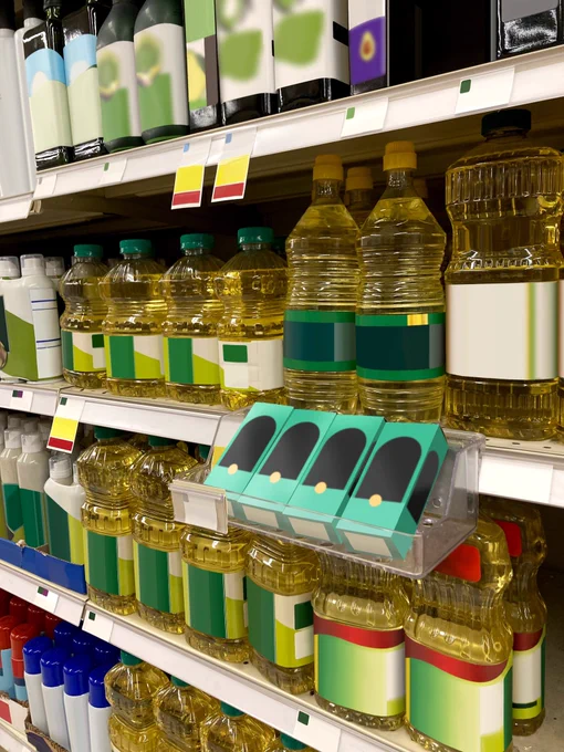 Cooking oil bottles and various household products displayed in brandless packaging.

https://stock.adobe.com/contributor/211338080/Whatson

#supermarket #retaildisplay #cookingoil #retailshelf #packagingmockup #brandless #productdisplay #storedesign #merchandising #retailvisualization #supermarketaisle