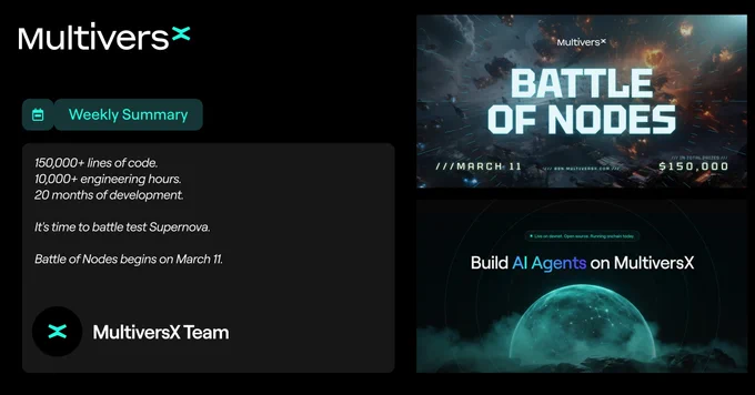 MultiversX announces the "Battle of Nodes" event on March 11, featuring a $150,000 prize and highlights on AI agent development.