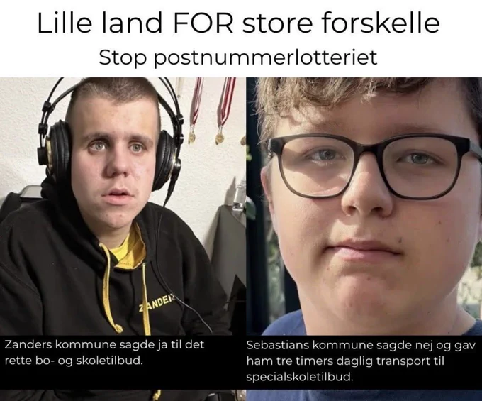 Billede af Zander til venstre og Sebastian til højre. Der er en kort billedtekst ved hvert portræt. Ved Zander står der “Zanders kommune sagde ja til det rette bo- og skoletilbud”, og ved Sebastian står der “Sebastians kommune sagde nej og gav ham tre timers daglig transport til specialskoletilbud”.