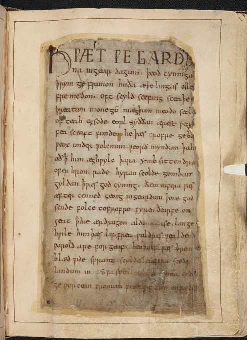 The opening of the Old English poem Beowulf from the unique surviving manuscript of the text. 