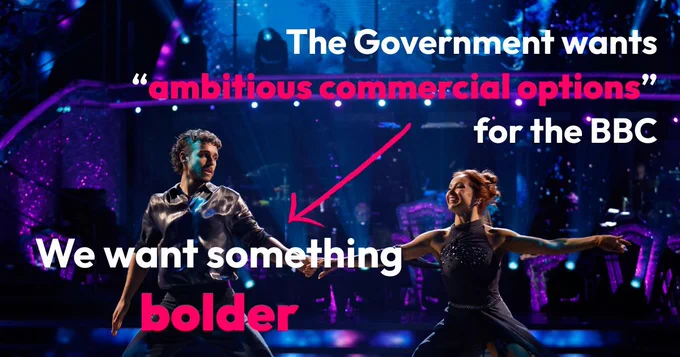 White and pink text on background of two dancers on Strictly Come Dancing: The Government wants “ambitious commercial options” for the BBC. We want something bolder. 