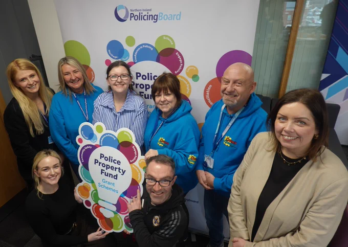 Police Property Fund Large Grants Scheme successful applicants from Vineyard Compassion, Carrick Connect & the Irish FA Foundation with NI Policing Board Members Kate Laverty, Deirdre Hargey MLA and Cheryl Brownlee MLA