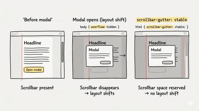 Three browser window illustrations show changes before and after a modal opens, highlighting scrollbar behavior and layout shifts.