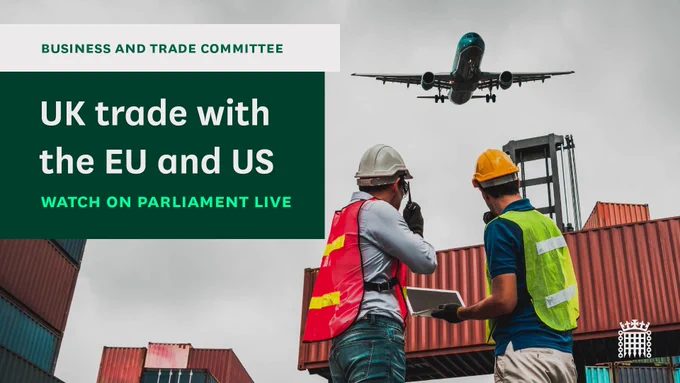 Business and Trade Committee. UK trade with EU and US. Watch on Parliament Live. A picture of workers looking at a shipping container with a plane flying overhead