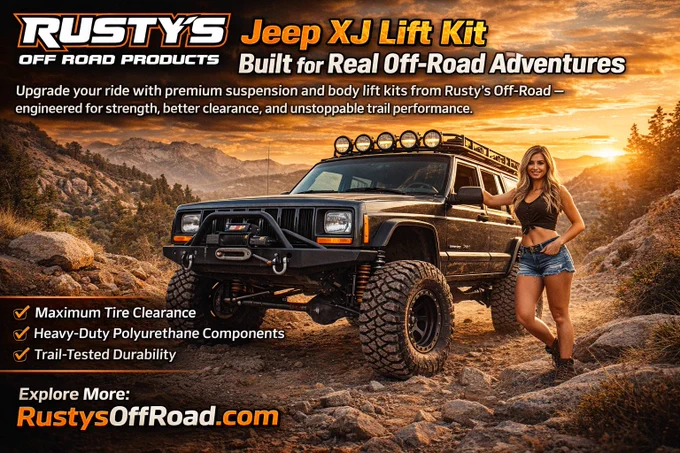 A rugged Jeep Cherokee XJ equipped with a Rusty’s Off-Road lift kit is parked on a rocky mountain trail during a dramatic sunset. The lifted suspension, oversized off-road tires, and heavy-duty bumper highlight its trail-ready performance. A confident adventure enthusiast stands beside the vehicle, emphasizing the lifestyle and excitement of off-roading. The Rusty’s Off-Road logo and promotional text showcase premium Jeep lift kits designed for improved clearance, durability, and extreme terrain capability.