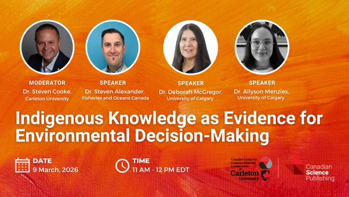 Webinar banner showing four experts discussing Indigenous knowledge in environmental decision-making, scheduled for March 9, 2026, 11 AM to 12 PM EDT.