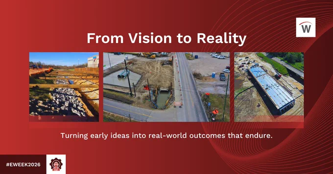 Red graphic with three construction photos—stream restoration, utility installation at a roadway, and a building under construction—titled “From Vision to Reality” with subtitle “Turning early ideas into real-world outcomes that endure.” #EWEEK2026 and Waggoner logo.