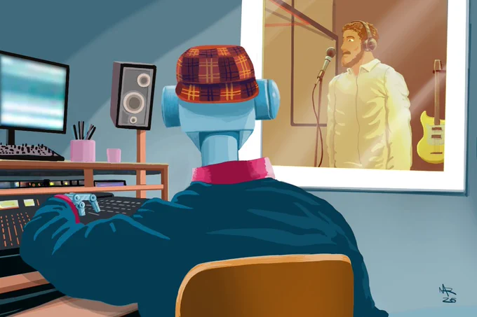A ilustração retrata o interior de um estúdio de gravação. Em primeiro plano, um robô, representado de costas, sentado diante de uma mesa de controle, atua como produtor musical, operando equipamentos de gravação. O robô usa fones de ouvido e chapéu, elemento que humaniza a cena e reforça a ideia de uma máquina ocupando papel tradicionalmente criativo e humano. Do outro lado do vidro, dentro da cabine de gravação, está um homem, um cantor, em pé diante de um microfone profissional. A ilustração provoca reflexão sobre os limites entre tecnologia e expressão humana na música.
