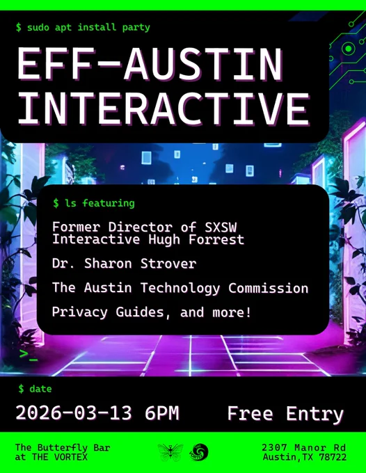 Poster for EFF-Austin Interactive Party.