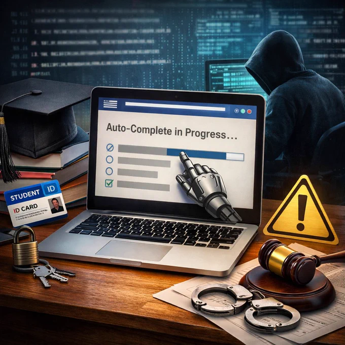 A robotic hand interacts with a laptop showing an auto-complete progress bar, surrounded by a student ID, gavel, handcuffs, and warning sign.