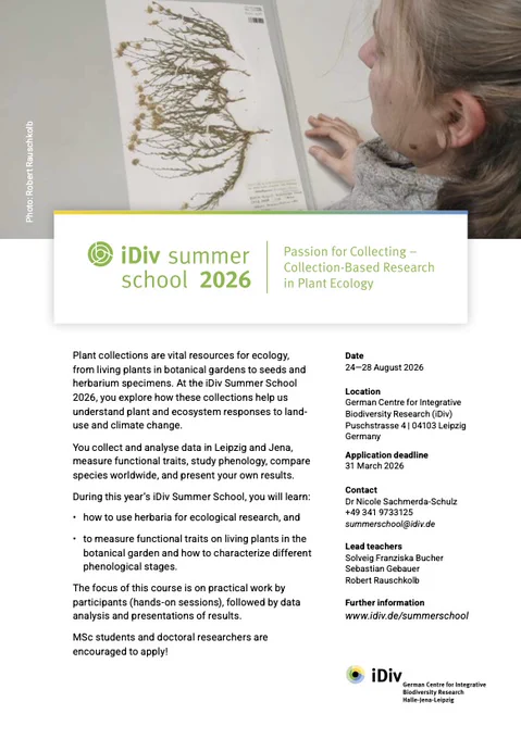 Apply now to the iDiv Summer School!

This pictures shows the iDiv Summer School flyer, which includes a brief description of the offering as well as practical information such as date, lecturers, application deadline and contact information