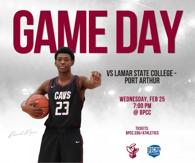 Promotional graphic for Game Day featuring a basketball player holding a basketball, with text detailing the event against Lamar State College - Port Arthur on Wednesday, Feb 25 at 7:00 PM at BPCC. Tickets available at BPCC.edu/athletics. Includes BPCC and NJCAA logos.