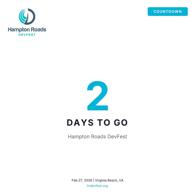 Countdown for Hampton Roads DevFest reads "2 DAYS TO GO," scheduled for February 27, 2026, in Virginia Beach, VA.