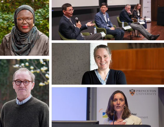 Collage featuring a woman in a hijab outdoors, a panel discussion with three seated men and a woman, a smiling woman indoors, a man with glasses outside, and a woman speaking at a podium with Princeton University logo.