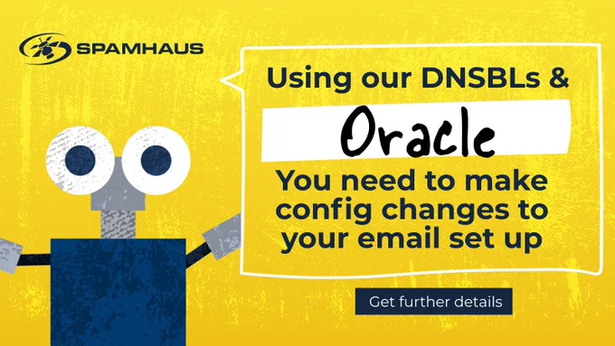 Using our DNSBLs & Oracle? You need to make config changes to your email set up.