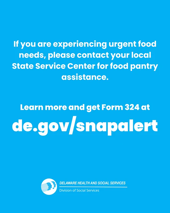 If you are experiencing urgent food needs, please contact your local State Service Center for food pantry assistance. Learn more and get Form 324 at de.gov/snapalert. DHSS logo.