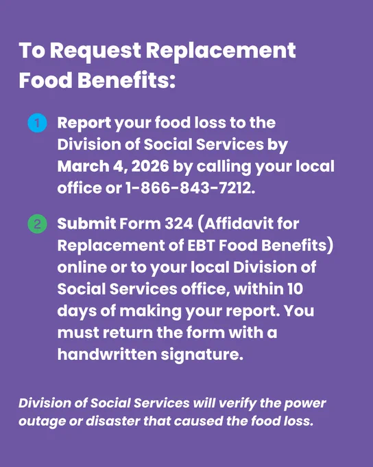 To Request Replacement Food Benefits: 1. Report your food loss to the Division of Social Services by March 4, 2026 by calling your local office or 1-866-843-7212. 2. Submit Form 324 (Affidavit for Replacement of EBT Food Benefits) online or to your local Division of Social Services office, within 10 days of making your report. You must return the form with a handwritten signature. Division of Social Services will verify the power outage or disaster that caused the food loss.