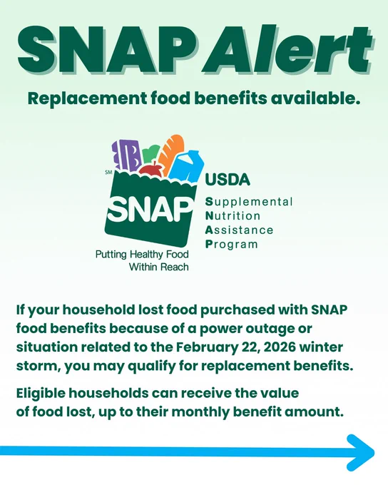 SNAP Alert. Replacement food benefits available. SNAP Logo (Grocery bag with food, text underneath, "Putting healthy food within reach." Text to the right, "USDA Supplemental Nutrition Assistance Program"). If your household lost food purchased with SNAP food benefits because of a power outage or situation related to the February 22, 2026 winter storm, you may qualify for replacement benefits. Eligible households can receive the value of food lost, up to their monthly benefit amount.