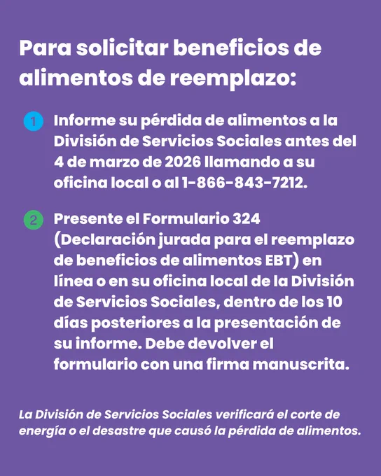 Para solicitar beneficios de alimentos de reemplazo: Informe su pérdida de alimentos a la División de Servicios Sociales antes del 4 de marzo de 2026 llamando a su oficina local o al 1-866-843-7212. Presente el Formulario 324 (Declaración jurada para el reemplazo de beneficios de alimentos EBT) en línea o en su oficina local de la División de Servicios Sociales, dentro de los 10 días posteriores a la presentación de su informe. Debe devolver el formulario con una firma manuscrita. La División de Servicios Sociales verificará el corte de energía o el desastre que causó la pérdida de alimentos.