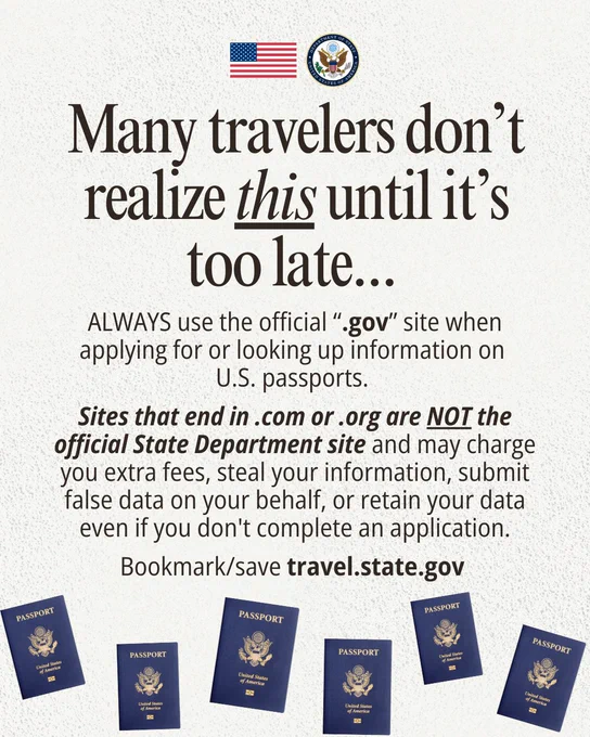 Text graphic with images of U.S. passports and the heading "Many travelers don't realize this until it's too late..." with the same text as the post caption.