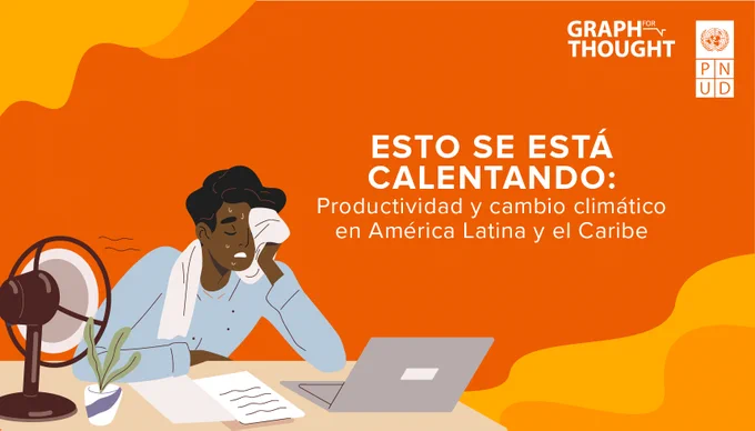 Ilustración en tonos naranjas de una persona trabajando frente a una laptop mientras se seca el sudor con una toalla, con expresión de cansancio por el calor. A su lado hay un ventilador encendido sobre el escritorio. En el fondo se lee: “Esto se está calentando: Productividad y cambio climático en América Latina y el Caribe”, junto al logo de Graph for Thought y PNUD. La imagen representa el impacto del aumento de temperaturas en la productividad laboral.