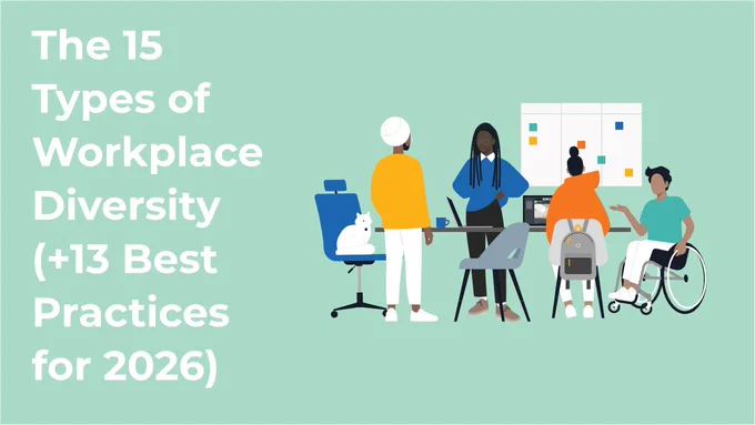 Illustration of diverse team meeting, including wheelchair user, in modern office setting with presentation board.