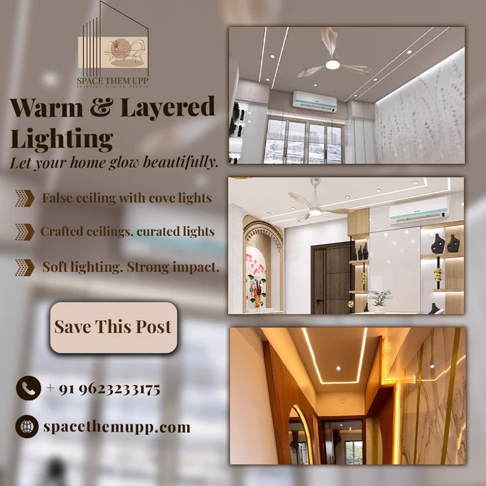 Lighting changes everything.
Interior space featuring false ceiling design with recessed lights, warm cove lighting, wooden wall panels, and decorative shelving creating layered illumination.
A well-designed false ceiling with cove lights and layered illumination doesn’t just brighten a room — it defines mood, depth, and dimension. The right lighting plan can make a compact space feel bigger and a plain room feel premium.

In this project, we focused on:
• False ceiling design with concealed cove lighting
• Warm LED strips for ambient glow
• Spotlights for focused highlights
• Balanced layering for visual depth
• Clean ceiling detailing for a modern finish

If your home feels flat or dull, it’s rarely the furniture. It’s usually the lighting layout.

Planning false ceiling and lighting design in Pune? Let’s design a space that feels alive, warm, and thoughtfully lit.

🌐 www.spacethemupp.com
📞  91 9623233175

#FalseCeilingDesign #HomeLighting #InteriorDesignerPune