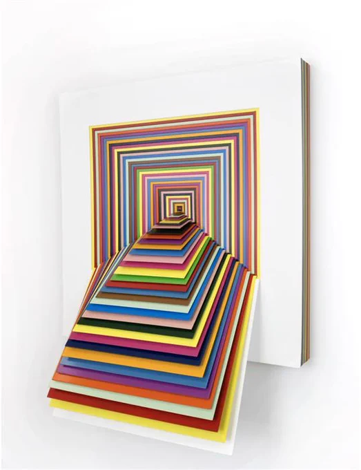 Jen Stark, Squared, powdered coated aluminum and epoxy, 29.5" x 23.75" x 10", 2019 credit to Mutual Art