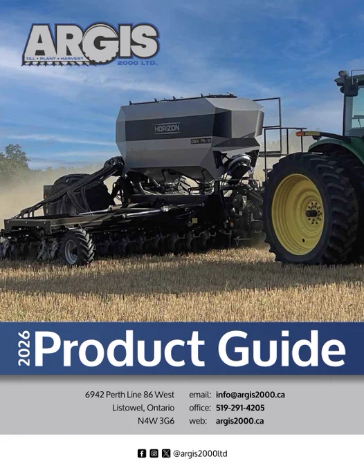 Argis 2000 Spring 2026 Product Guide with the first Horizon DSX in Ontario, Canada on the cover page.  Argis 2000 provides quality aftermarket oem replacement parts for seeders, drills, air drills, planters, tillage equipment, discs, cultivator, deep ripper, combines, corn and grain headers.  Argis 2000 offers Precision Planting retrofits to upgrade your existing equipment with tech that’s suited to your farm.  Service and support.