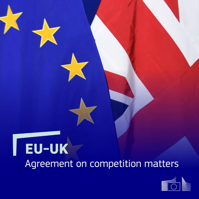European Union and United Kingdom flags side by side with the text “EU-UK Agreement on competition matters” and the European Commission logo in the bottom right corner.