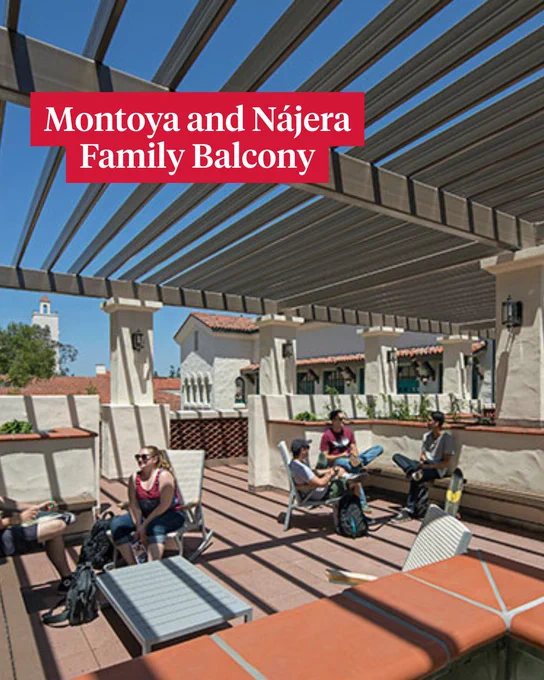 A spacious outdoor balcony with several people seated under a slatted pergola. The area is labeled "Montoya and Nájera Family Balcony." The background features a bell tower and buildings with red-tiled roofs, typical of Spanish-style architecture.