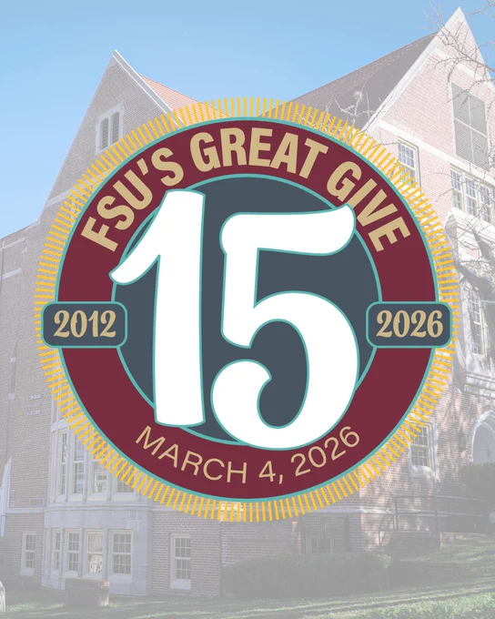 Great Give logo in front of a semi-transparent photo of the Longmire Building on FSU's campus.