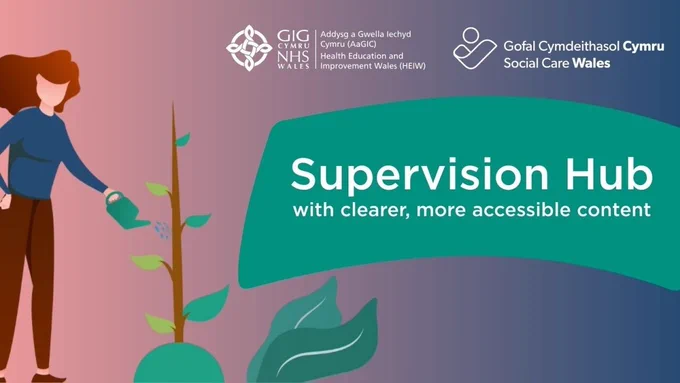"Supervision Hub with clearer more accessible content." Image shows person with long brown hair watering growing sapling. 