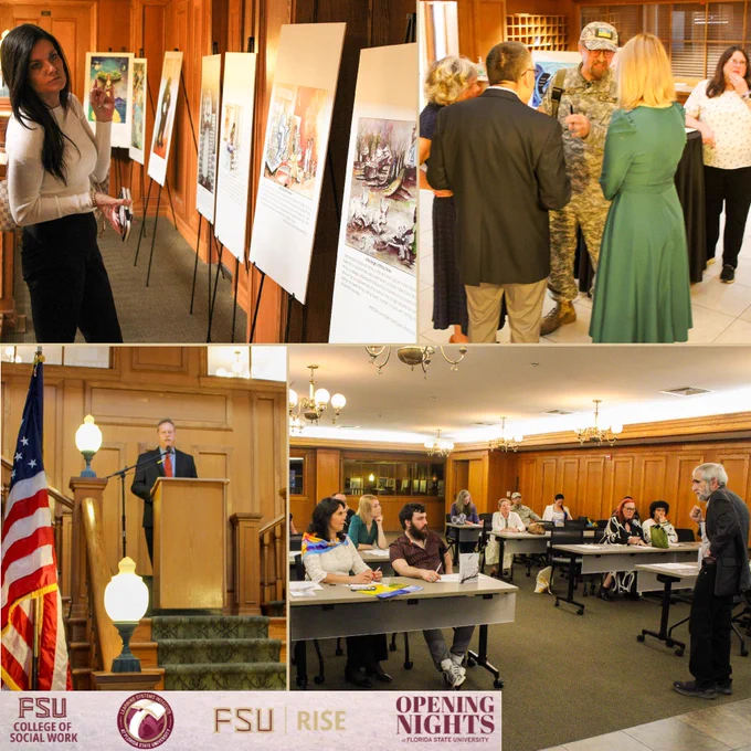 The image is a collage of four photos at a Florida State University Ukraine Task Force event. In the top left, individuals view an art display on easels. The top right shows guests conversing, one in military attire. The bottom images feature a speaker at a podium with an FSU backdrop, and an audience seated in a room.