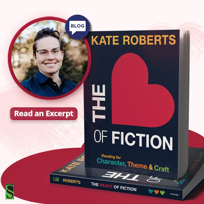 Cover of The Heart Of Fiction alongside a photo of Kate Roberts in a button up blue shirt and glasses, smiling. A bubble says \"Blog\" and \"Read and excerpt\"