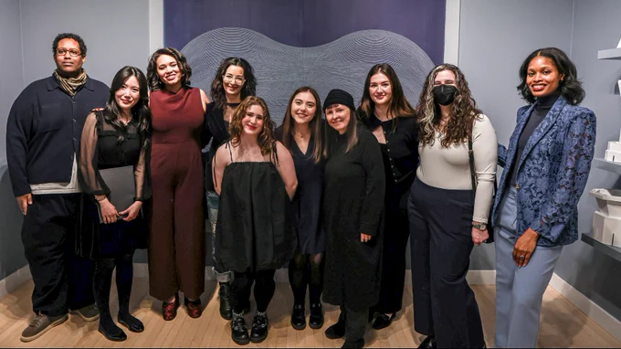 Collaborators, including grad students, pose at the "speculative morphologies" exhibition's opening reception.