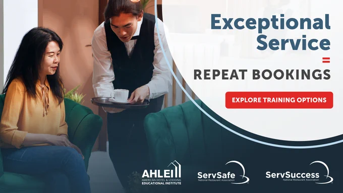 A person sitting on a green couch receives a cup from a server in a black vest. The text reads, "Exceptional Service = Repeat Bookings." There is a button labeled "Explore Training Options." Logos for AHLEI, ServSafe, and ServSuccess are at the bottom.