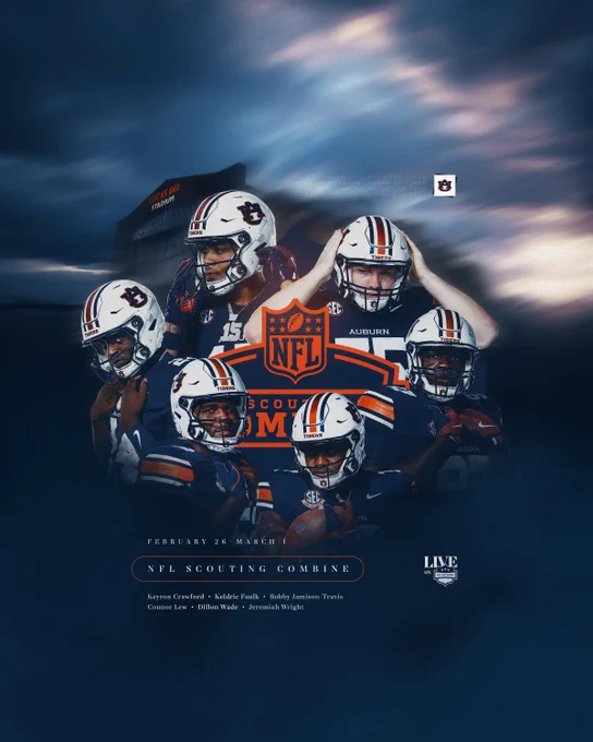 The 2026 NFL Scouting Combine takes place February 26–March 1 in Indianapolis on NFL Network. Auburn is represented by six players:

DL Keldric Faulk
DL Keyron Crawford
DL Bobby Jamison-Travis
OL Connor Lew
OL Dillon Wade
OL Jeremiah Wright